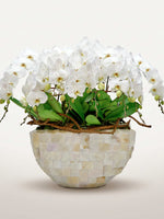 Regina Bianca, dix tiges d'orchidées blanches en cascade dans un vase en mosaïque de nacre