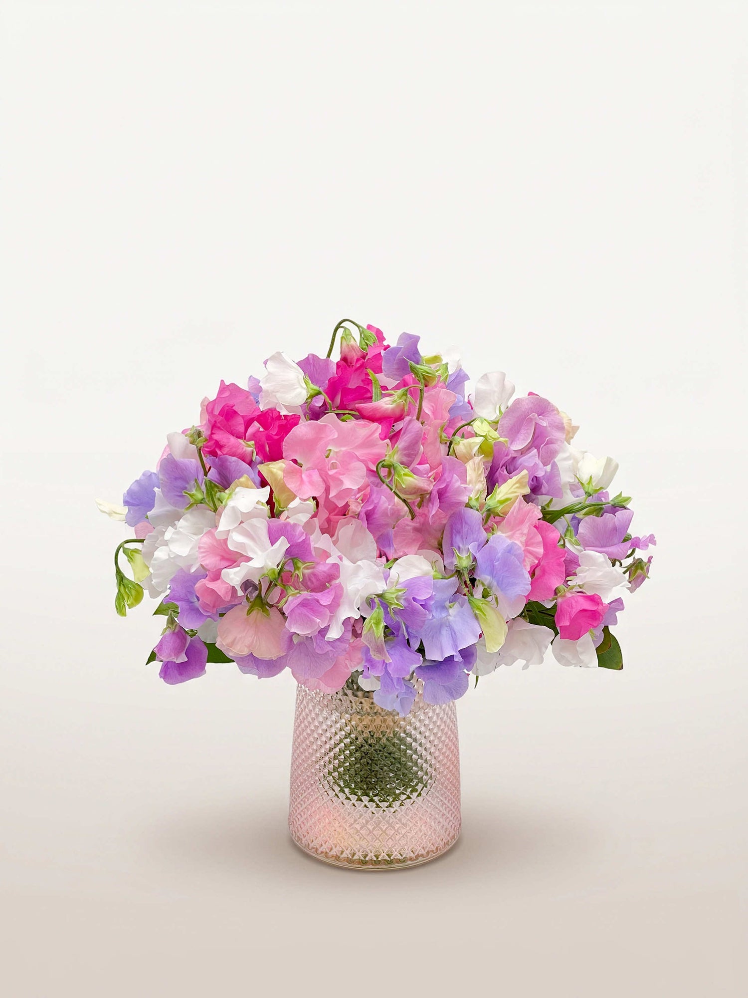 Bouquet Colibri de pois de senteur roses, mauves et blancs dans un vase en verre texturé