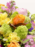 Oiseau de Paradis en bouquet rond XL révèle roses orange, pivoines roses et viornes vertes dans un coffret ivoire