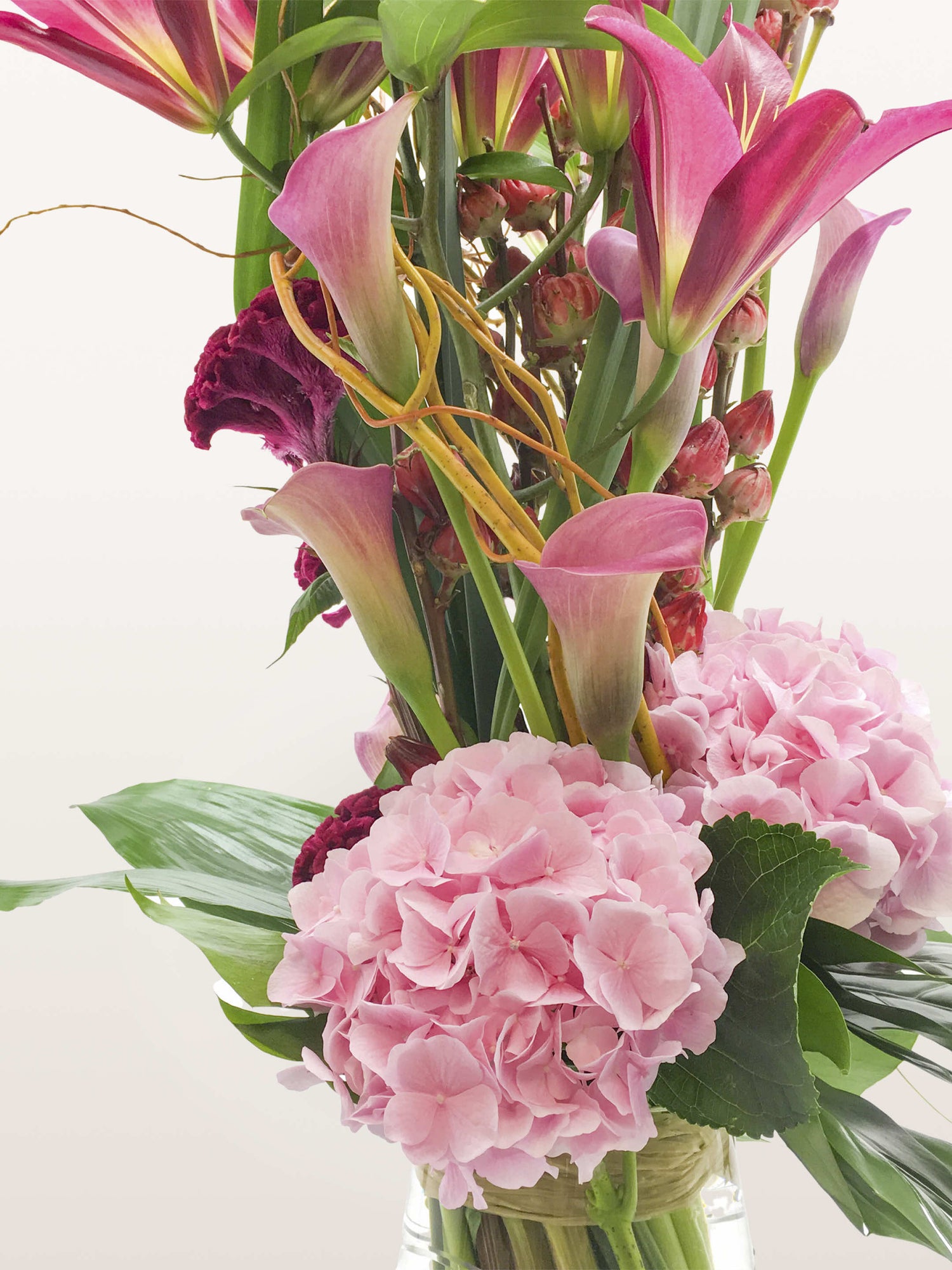 Arums roses et fuchsia, hortensias roses et célosies pourpres autour de tiges entrelacées