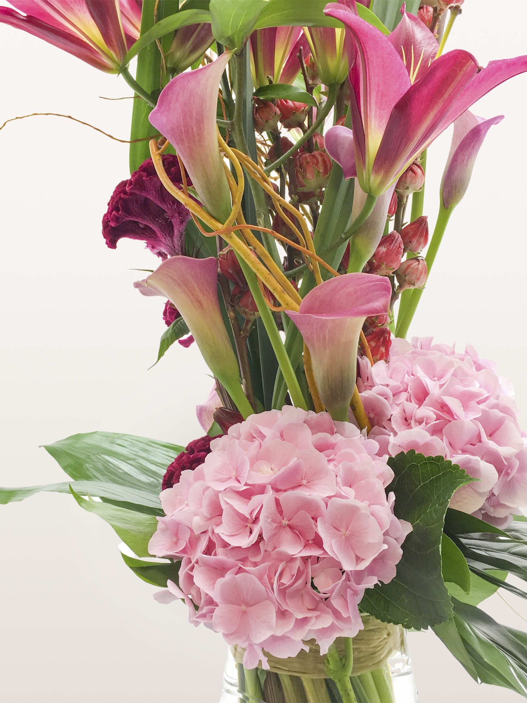 Arums roses et fuchsia, hortensias roses et célosies pourpres autour de tiges entrelacées
