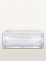 Contenant rectangulaire en verre transparent, gravé « René Veyrat Paris », vide