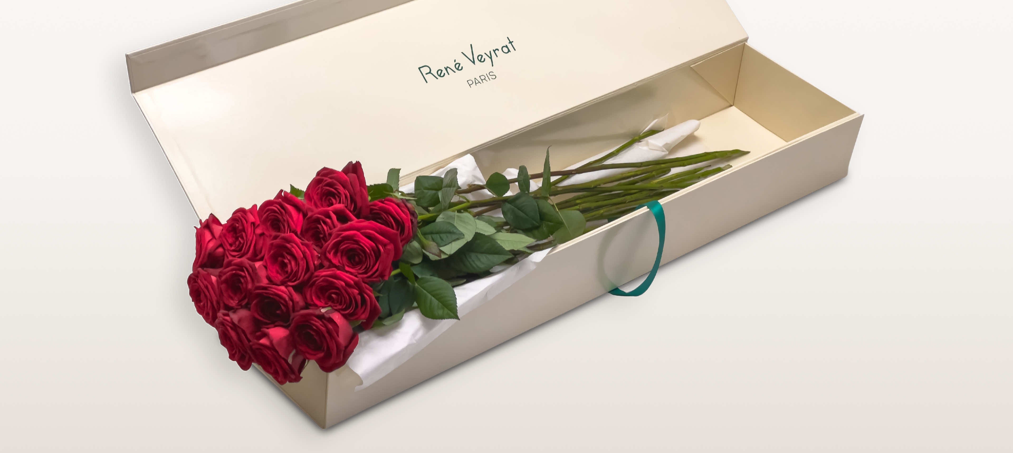 Coffret Royal ivoire ouvert, quinze roses rouges reposant sur papier de soie, ruban vert émeraude