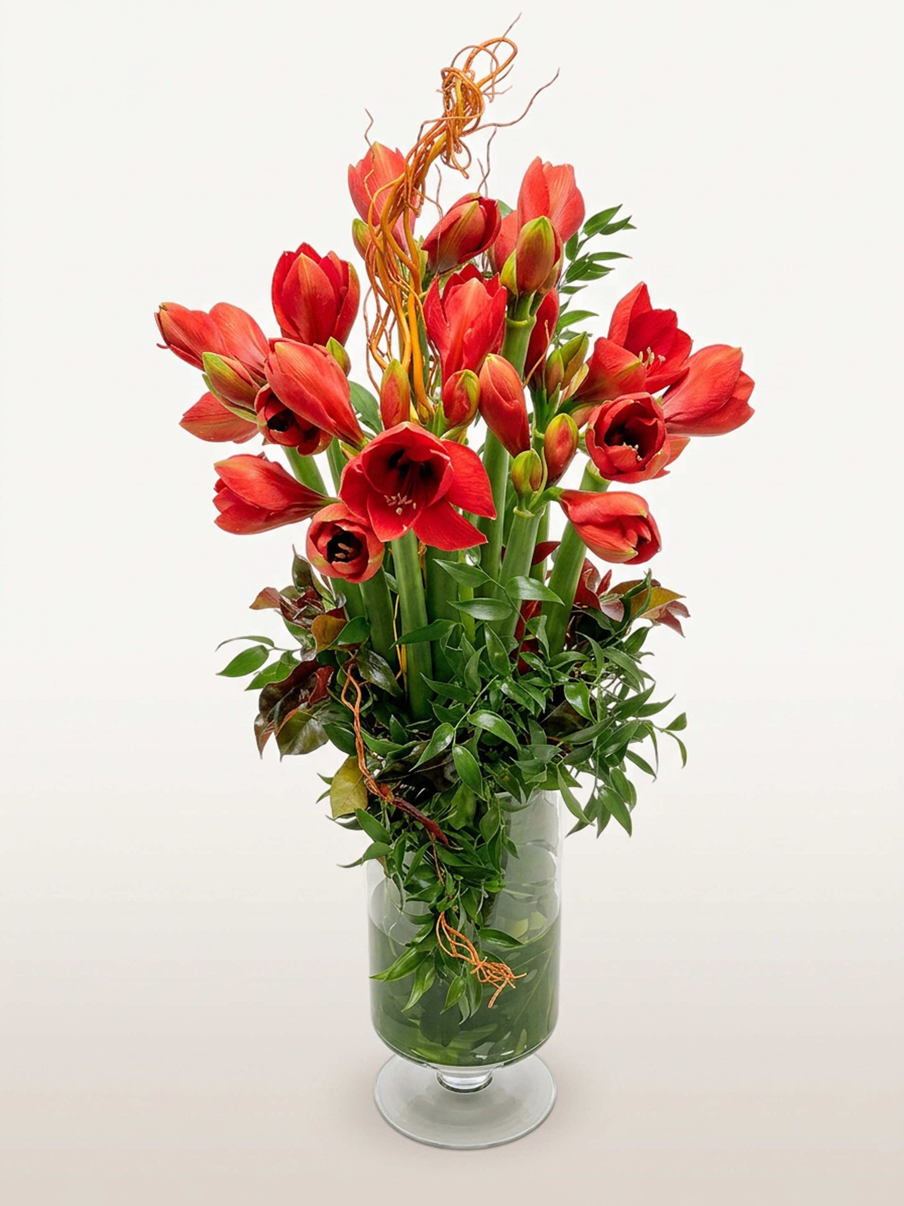 Porte de Montrouge L, bouquet graphique d'amaryllis rouges et de tiges bouclées orangées dans un vase en verre