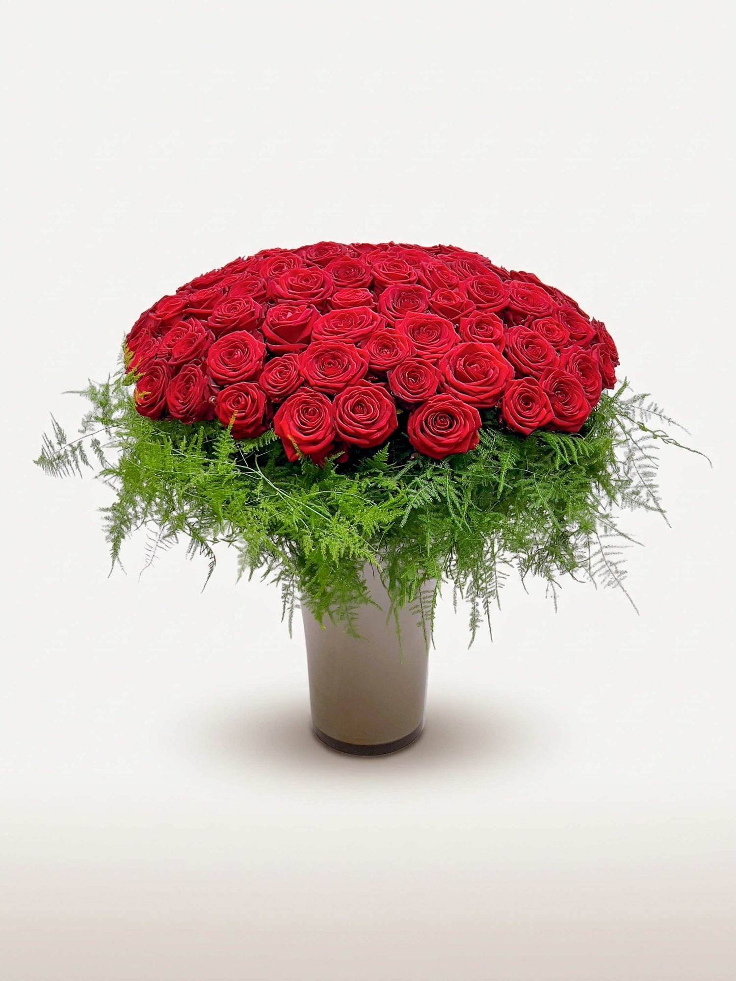 Royal N°100 déploie une brassée XXL de roses rouges en dôme, entourées de fougères retombantes dans un vase ivoire